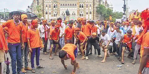 Maratha community members during a protest in Mumbai on Monday.