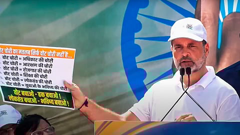 LoP in the Lok Sabha and Congress leader Rahul Gandhi addresses a march marking culmination of 'Vote Adhikar Yatra', in Patna.
