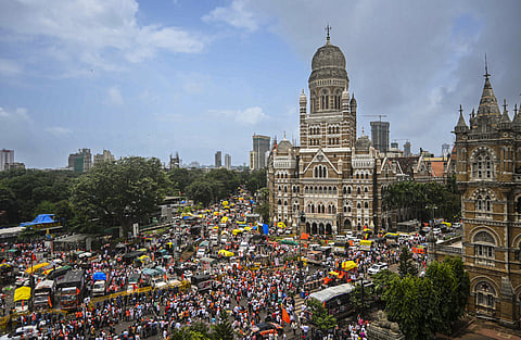 People gather during a hunger strike by Maratha quota agitation leader Manoj Jarange.
