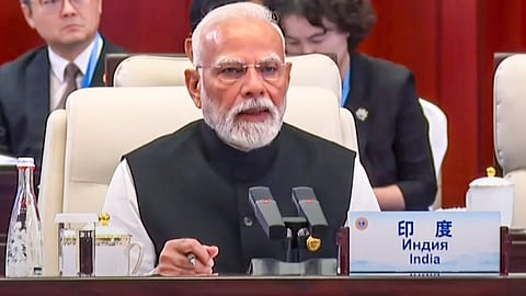 Prime Minister Narendra Modi addresses the plenary session of the 25th SCO Heads of State Council Summit, in Tianjin, China.