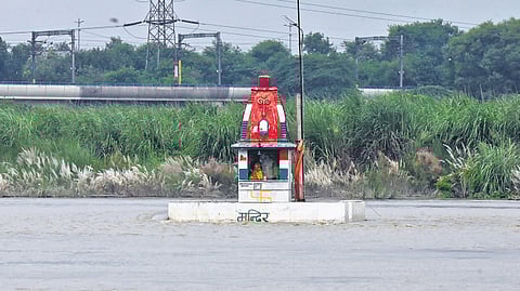 The swollen Yamuna river during the monsoon season, in New Delhi, Monday, Sept. 1, 2025.