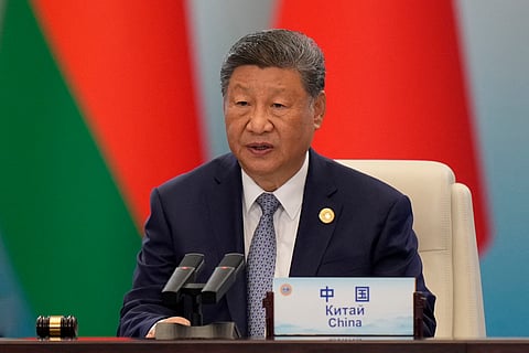 Chinese President Xi jinping delivers a speech during the Shanghai Cooperation Organization (SCO) Summit 2025 at the Meijiang Convention and Exhibition Centre in Tianjin on September 1, 2025.
