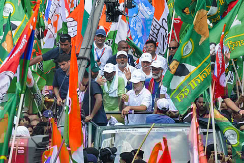 LoP in the Lok Sabha and Congress leader Rahul Gandhi, LoP in the Bihar Assembly and RJD leader Tejashwi Yadav, and others during a march marking culmination of 'Vote Adhikar Yatra', in Patna, Monday, Sep. 01, 2025.