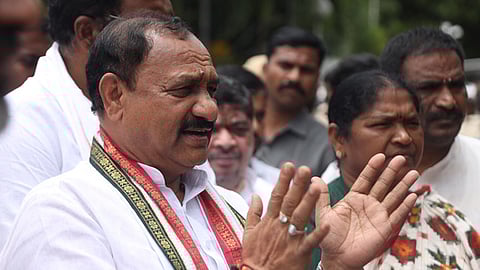 TPCC Chief Mahesh Kumar Goud addressing the media after meeting Telangana Governor at Raj Bhavan in Hyderabad.