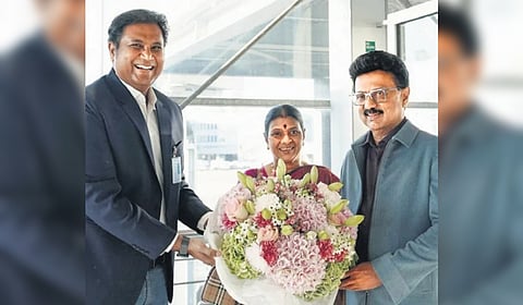 T R B Rajaa greeting CM Stalin and his wife Durga Stalin in Germany.