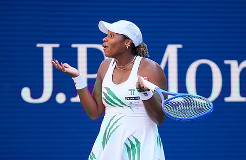 Taylor Townsend, of the United States, reacts in her match against Barbora Krejcikova, of the Czech Republic, during the fourth round of the U.S. Open tennis championships, Sunday, Aug. 31, 2025, in New York.