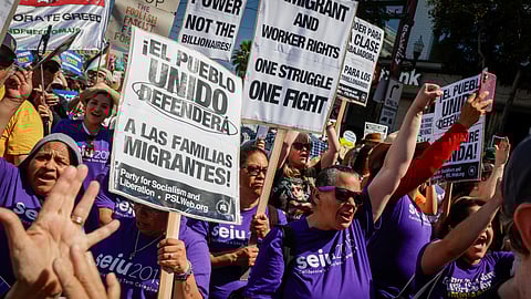 Demonstrators protest against President Donald Trump's use of federal law enforcement and National Guard troops in the city during a rally at Union Station, Monday, Sept. 1, 2025, in Washington.