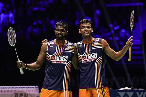 Satwiksairaj Rankireddy (L) and Chirag Shetty during the World Championships in Paris
