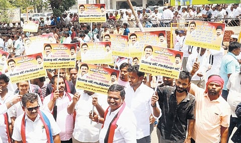 A protest was held in Tiruppur by the DMK and allied parties, condemning the central government for not taking appropriate steps to save TN’s industry sector from the US tariff hike.