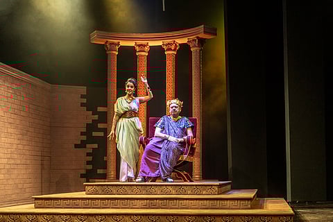 (L-R) Actors Rozzlin Pereira as Lollia and Akash Khurana (right) as Caligula in The Horse