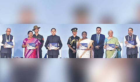 President Droupadi Murmu, FM Nirmala Sitharaman and City Union Bank MD & CEO N Kamakodi at the 120th Foundation Day celebration of the bank in Chennai