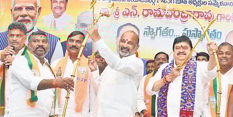 Union minister Bandi Sanjay and BJP state president N Ramchander Rao during a meeting of party’s polling booth presidents in Karimnagar on Wednesday.