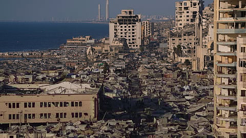 A makeshift tent camp for displaced Palestinians stretches across an area near the Gaza City port, Monday, Sept. 1, 2025.
