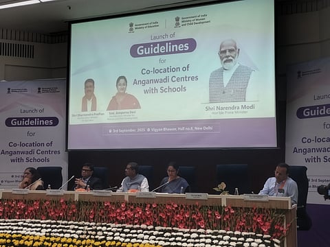 Education Minister Dharmendra Pradhan at the Guidelines for co-location of Anganwadi Centres with Schools,’ at Vigyan Bhavan, in New Delhi on 3 Sep, 2025.