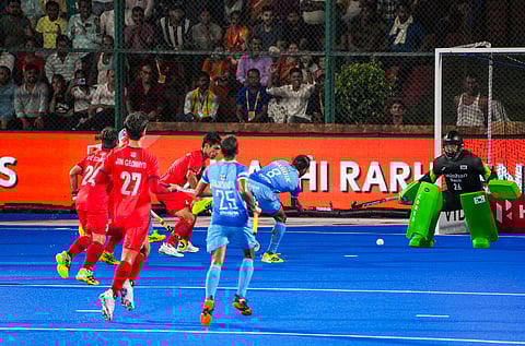 India on the attack against South Korea during their match on Wednesday