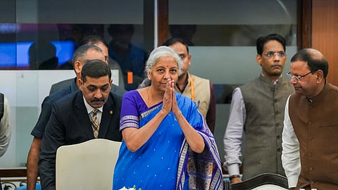Finance Minister Nirmala Sitharaman (C) and Union Minister of State for Finance Pankaj Chaudhary (R) during the 56th GST Council meeting, in New Delhi, Wednesday, Sept. 03, 2025.
