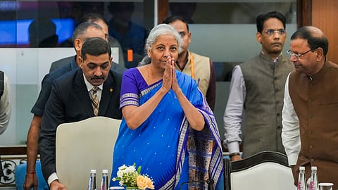 Finance Minister Nirmala Sitharaman (C) and Union Minister of State for Finance Pankaj Chaudhary (R) during the 56th GST Council meeting in New Delhi on Wednesday.