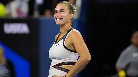 Aryna Sabalenka, of Belarus, reacts after defeating Cristina Bucsa, of Spain, during the fourth round of the US Open tennis championships, Sunday, Aug. 31, 2025, in New York.