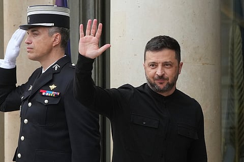 Ukraine's President Volodymyr Zelenskyy arrives for a summit on Ukraine at the Elysee Palace, in Paris, France, Thursday, Sept. 4, 2025.