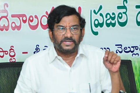 Sarvepalli MLA Somireddy Chandramohan Reddy speaking to the media in Nellore