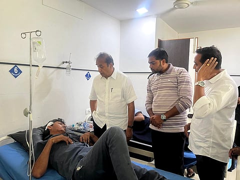 NCP (SP) leader and former state home minister Anil Deshmukh meets with an injured after a blast at an explosives factory in Maharashtra's Nagpur district, Thursday, Sept. 04, 2025.