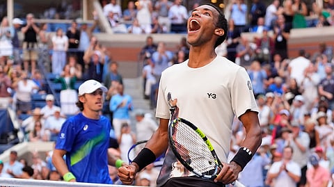 Felix Auger-Aliassime, of Canada, reacts after defeating Alex de Minaur, of Australia, during the quarterfinal round of the U.S. Open tennis championships, Wednesday, Sept. 3, 2025, in New York.