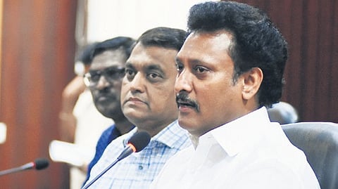 Minister Poyyamozhi holding talks with various teachers’ associations on Thursday.