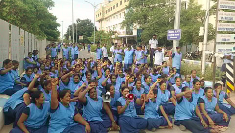 More than 30 sanitation workers, mostly women attached to the Tiruvannamalai Government Medical College and Hospital.