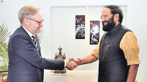 Minister Uttam Kumar Reddy greets Denmark Ambassador to India Rasmus Christensen in Hyderabad.