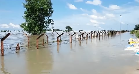 Several kilometers of fencing on the India-Pakistan border submerged, as flood water coming from Pakistan crossed the International Border and damaged the embankment on the Indian side.