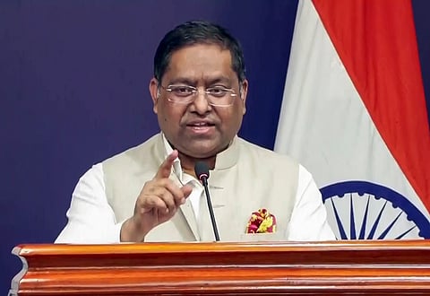 MEA spokesperson Randhir Jaiswal speaks during a media briefing on protests in Australia against Indians, in New Delhi on Friday.