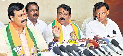 Tamil Nadu BJP chief Nainar Nagenthran is addressing the media after taking part in the party’s workshop conducted in Coimbatore.