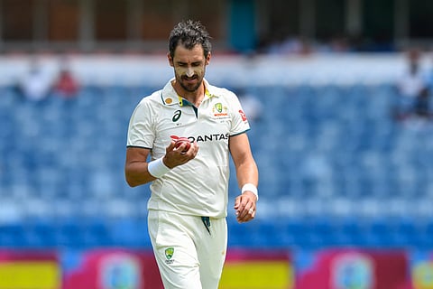 Mitchell Starc of Australia readies to bowl during the 2nd day of the 2nd Test between West Indies and Australia at Grenada National Cricket Stadium in Saint George's, Grenada, on July 4, 2025.