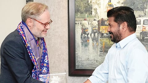 Denmark’s Ambassador to India Rasmus Abildgaard Kristensen greets Chief Minister A Revanth Reddy at his residence in Hyderabad on Saturday.