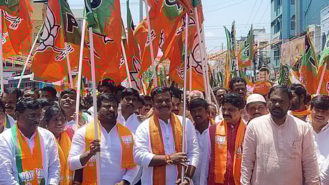 BJP state president PVN Madhav during sobha yatra in Vijayawada on Friday.