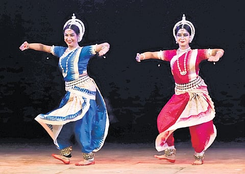 Dancers Sujata Mohapatra and daughter Preetisha performing Odissi at the Guru Kelucharan Mohapatra Award Festival, at Rabindra Mandap.