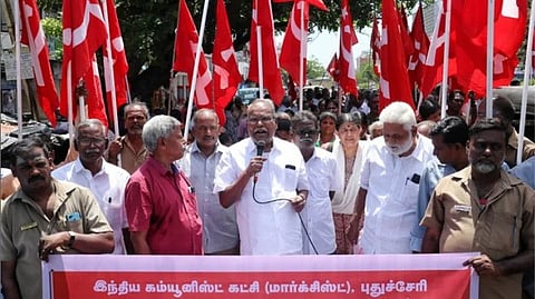 Inaugurating the protest, CPI(M) politburo member K Balakrishnan said the sidelining of the state syllabus had deprived students of the option to study in Tamil, adding that borderline marks were being awarded merely to project a higher pass percentage in class 12 examinations.