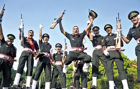 Newly commissioned officers of the Indian Army, celebrating their moment of pride after the passing out parade at OTA, Chennai, on Saturday.