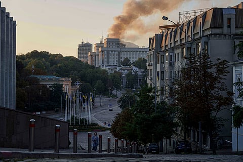 Smoke rises from the Cabinet of Ministers building after a Russian strike in Kyiv, Ukraine, on Sunday, Sept. 7, 2025.