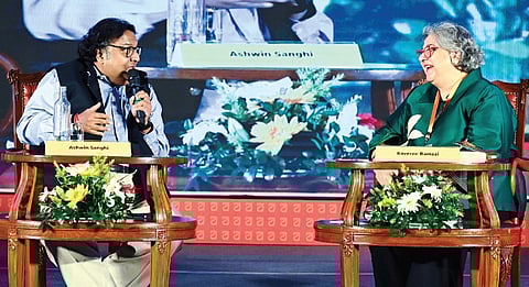 Senior journalist Kaveree Bamzai and author Ashwin Sanghi share a lighter moment during the session.