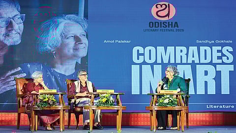Actor and filmmaker Amol Palekar and his author-spouse Sandhya Gokhale speak to senior journalist Kaveree Bamzai during the session ‘Comrades in Arts: Love, Life, and Literature’ at the Odisha Literary Festival, in Bhubaneswar on Saturday