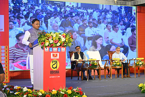 CM Mohan Majhi speaks at the inaugural session of OLF in Bhubaneswar on Saturday.
