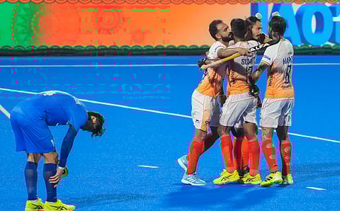 India's Dilpreet Singh, 2, celebrates with teammates after scoring a goal during a Men's Hockey Asia Cup 2025 match between India and Korea, in Rajgir, Bihar, Sunday, Sept. 7, 2025.