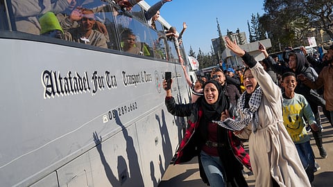 Freed Palestinian detainees are greeted after being released from an Israeli prison following a ceasefire agreement between Hamas and Israel in Khan Younis, Gaza Strip, Thursday, Feb. 27, 2025