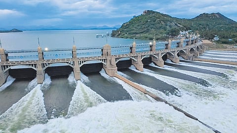 Surplus water being discharged through 16 vents of the Stanley Reservoir in Mettur after the dam reached its full capacity.