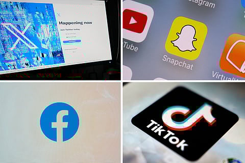 This combination of photos shows logos of X, formerly known as Twitter, top left; Snapchat, top right; Facebook, bottom left; and TikTok, bottom right.