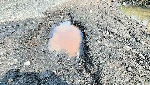 The pothole that claimed the life of Madhavi near Mangaluru.