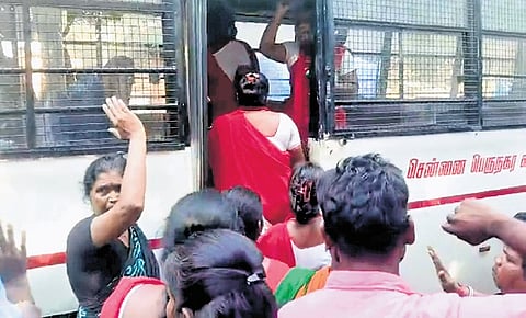 Sanitation workers who continued their hunger strike for the second day at Allikulam were detained by the police on Tuesday.