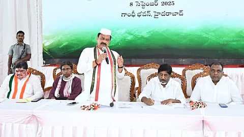 TPCC President Mahesh kumar Goud addressing during the Extended Executive committee meeting at Gandhi Bhavan in Hyderabad.