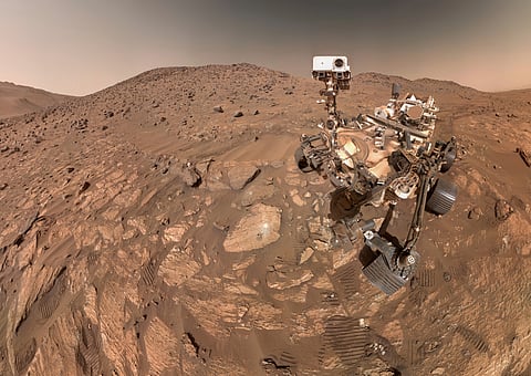 This image provided by NASA shows NASA's Perseverance Mars rover taking a selfie, made up of 62 individual images on July 23, 2024.